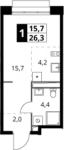 Планировка: Студия 26,3 м² в ЖК «1-й Саларьевский»
