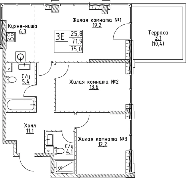 Планировка: Евротрёшка 71,9 м² в ЖК «ВЭРИ на Миклухо-Маклая»