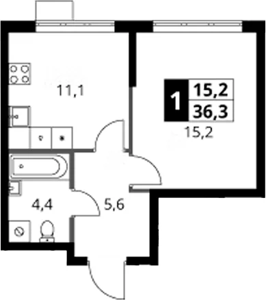 Планировка: 1-комнатная квартира 36,3 м² в ЖК «1-й Ясеневский»