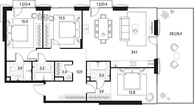 Планировка: Квартира евро-4 105,6 м² в ЖК «Клубный город на реке Примавера»