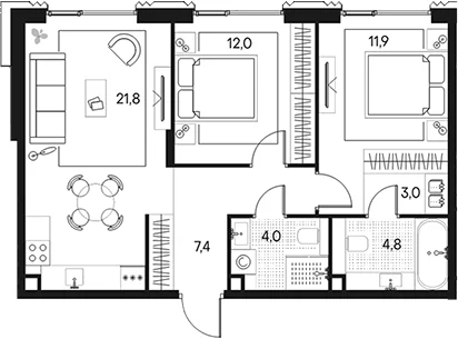 Планировка: Евротрёшка 64,9 м² в ЖК «Клубный город на реке Примавера»