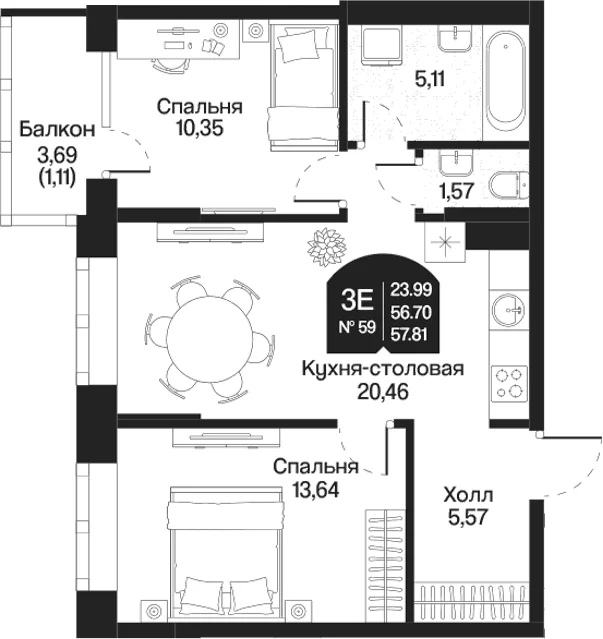 Планировка: Евротрёшка 56,7 м² в ЖК «Охтинские высоты»