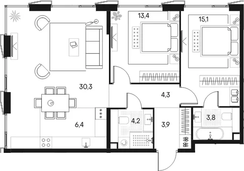 Планировка: Евротрёшка 81,4 м² в ЖК «Клубный город на реке Примавера»