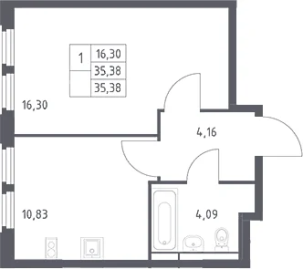 Планировка: 1-комнатная квартира 35,4 м² в ЖК «Космический Квартал»