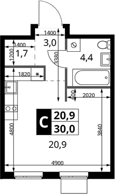 Планировка: Студия 30 м² в ЖК «1-й Измайловский»