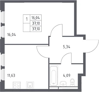 Планировка: 1-комнатная квартира 37,1 м² в ЖК «Космический Квартал»
