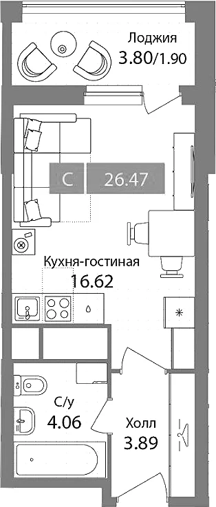 Планировка: Студия 24,6 м² в ЖК «Планерный квартал»