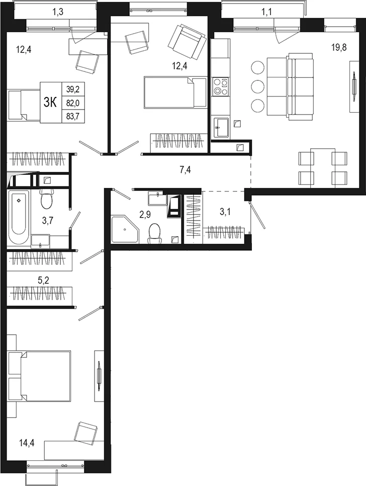 Планировка: 3-комнатная квартира 85 м² в ЖК «Новая Щербинка»