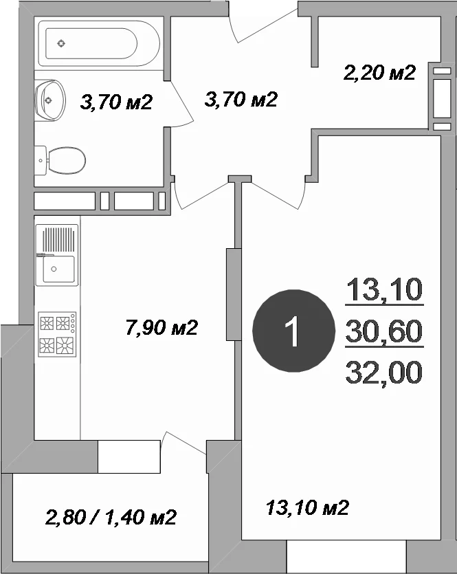 Планировка: 1-комнатная квартира 30,6 м² в ЖК «Новые Островцы»