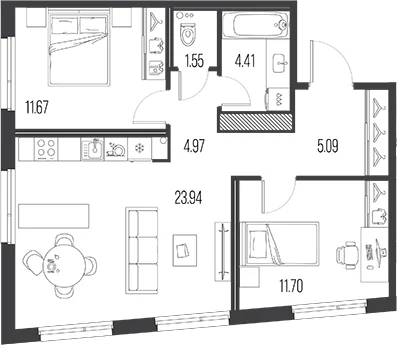 Планировка: Евротрёшка 63,3 м² в ЖК «Легенда Васильевского»