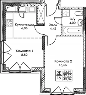 Планировка: Евродвушка 39,7 м² в ЖК «ЭВОПАРК Сокольники»