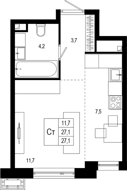 Планировка: Студия 28,5 м² в ЖК «Новая Щербинка»