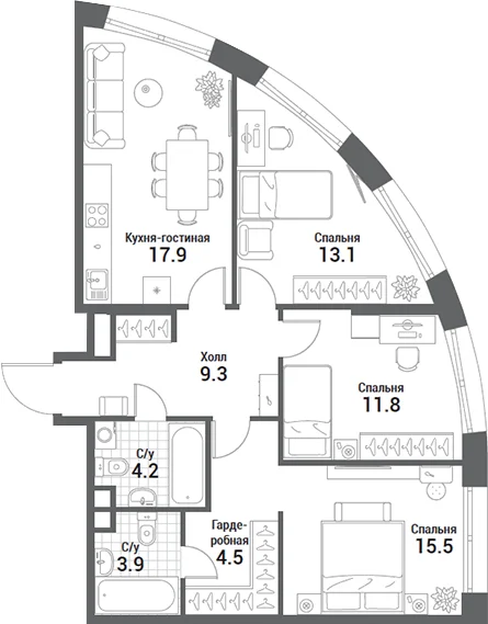 Планировка: Квартира евро-4 80,2 м² в ЖК «Нагатино Ай-Лэнд»