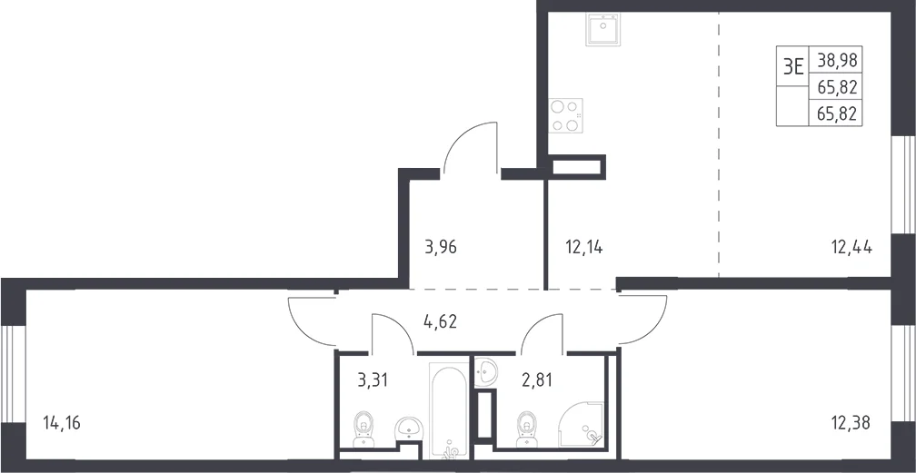Планировка: Евротрёшка 65,8 м² в ЖК «Квартал Лаголово»