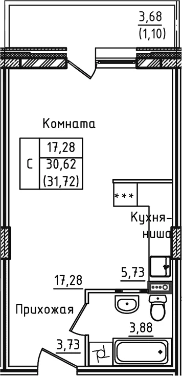 Планировка: Студия 30,6 м² в ЖК «Зеленый город»