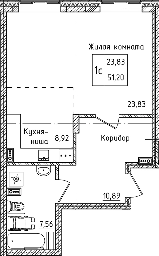 Планировка: Студия 51,2 м² в ЖК «Зеленый город»