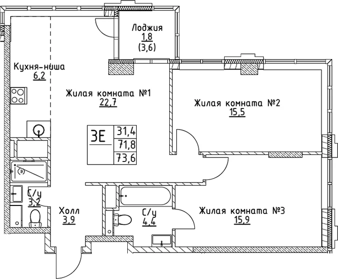 Планировка: Евротрёшка 71,8 м² в ЖК «ВЭРИ на Миклухо-Маклая»