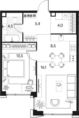 Планировка: Евродвушка 52 м² в ЖК «Клубный город на реке Примавера»