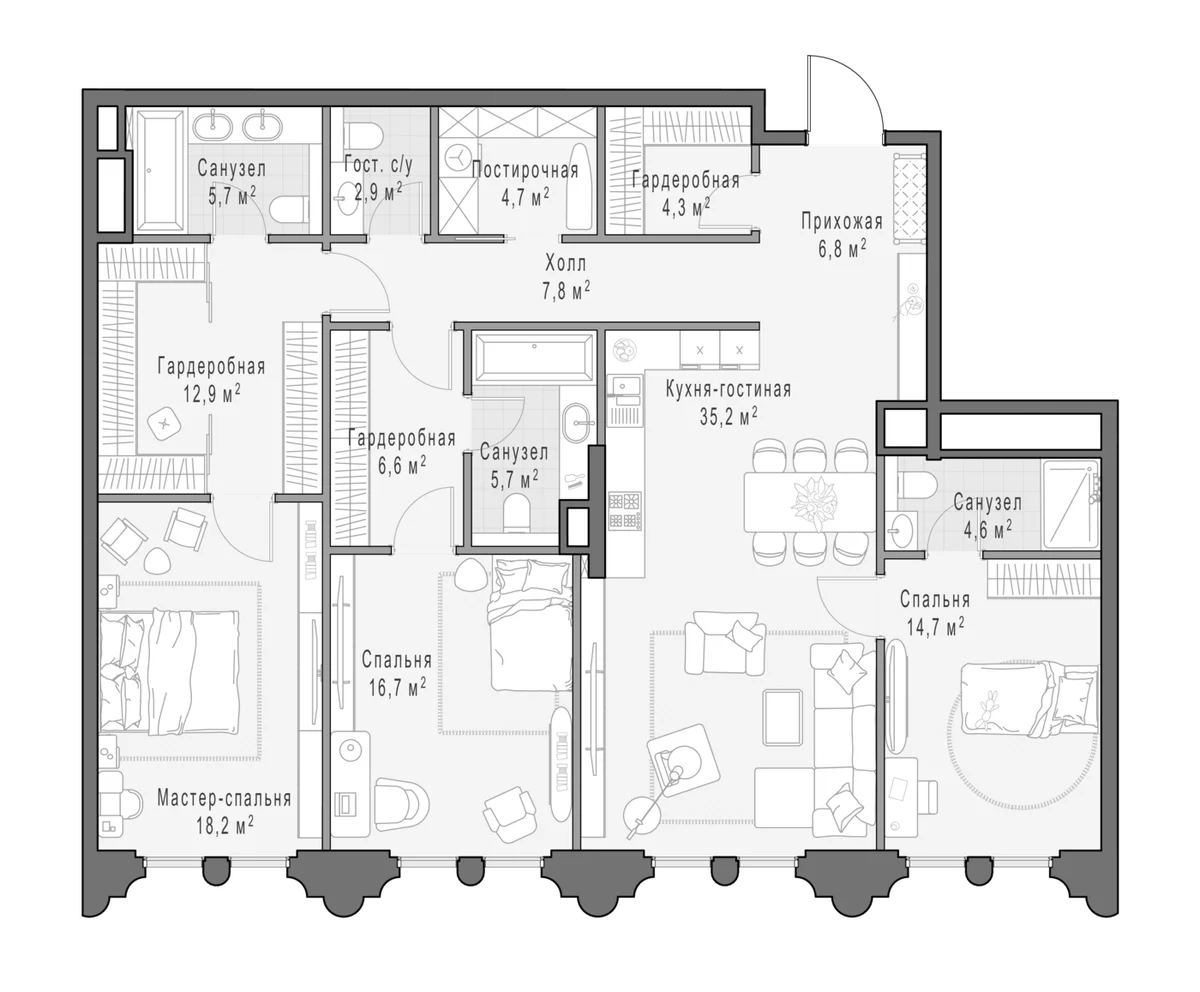 Планировка: Квартира евро-4 147 м² в ЖК «Клубный квартал Фрунзенский»