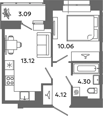 Планировка: 1-комнатная квартира 31,6 м² в ЖК «Загляденье»