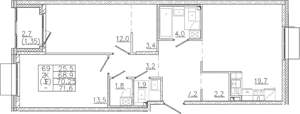 Планировка: Евротрёшка 68,9 м² в ЖК «Лисино»