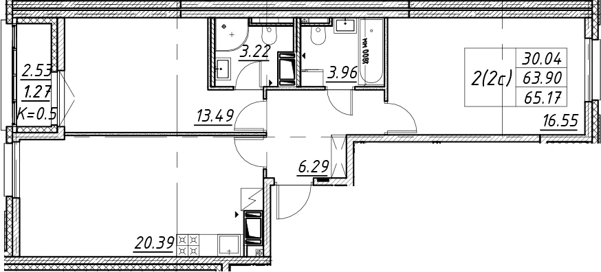 Планировка: Евротрёшка 63,9 м² в ЖК «Цивилизация на Неве»