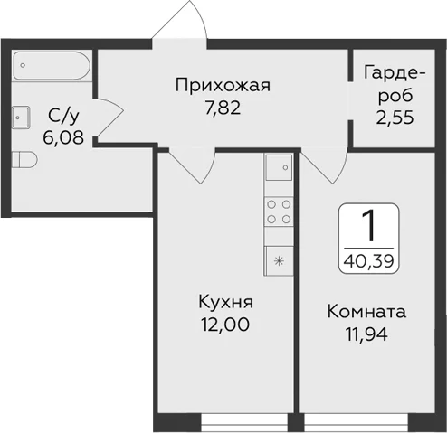 Планировка: 1-комнатная квартира 40,4 м² в ЖК «Панорама Юкки. ГК Развитие. Санкт-Петербург»