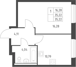 Планировка: 1-комнатная квартира 35,2 м² в ЖК «Горки Парк»