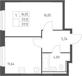 Планировка: 1-комнатная квартира 37,1 м² в ЖК «Егорово парк»