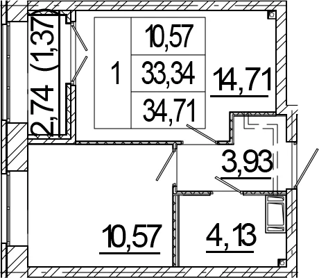 Планировка: 1-комнатная квартира 33,3 м² в ЖК «Новый Питер»