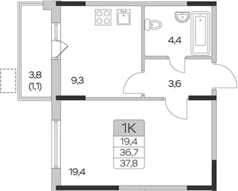Планировка: 1-комнатная квартира 36,7 м² в ЖК «Пироговская ривьера»