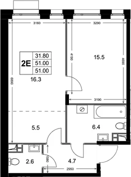 Планировка: Евродвушка 51 м² в ЖК «Кореневский Форт 2.3»
