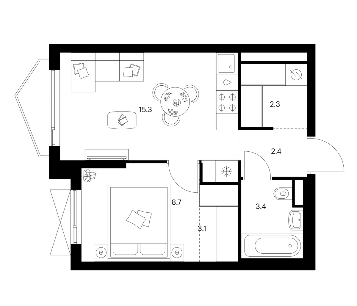 Планировка: 1-комнатная квартира 35,2 м² в ЖК «Мичуринский парк»