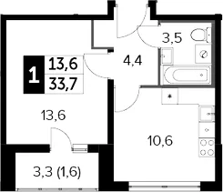 Планировка: 1-комнатная квартира 32,1 м² в ЖК «Южная Битца»