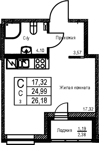 Планировка: Студия 25 м² в ЖК «ID Kudrovo II»
