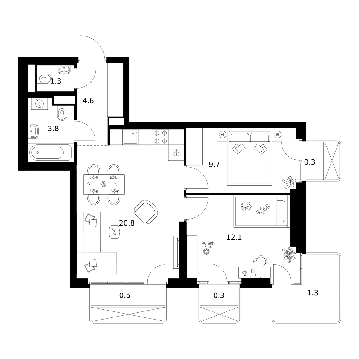 Планировка: 2-комнатная квартира 52,3 м² в ЖК «2-й Иртышский»