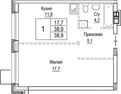 Планировка: 1-комнатная квартира 38,9 м² в ЖК «Лесная Отрада»