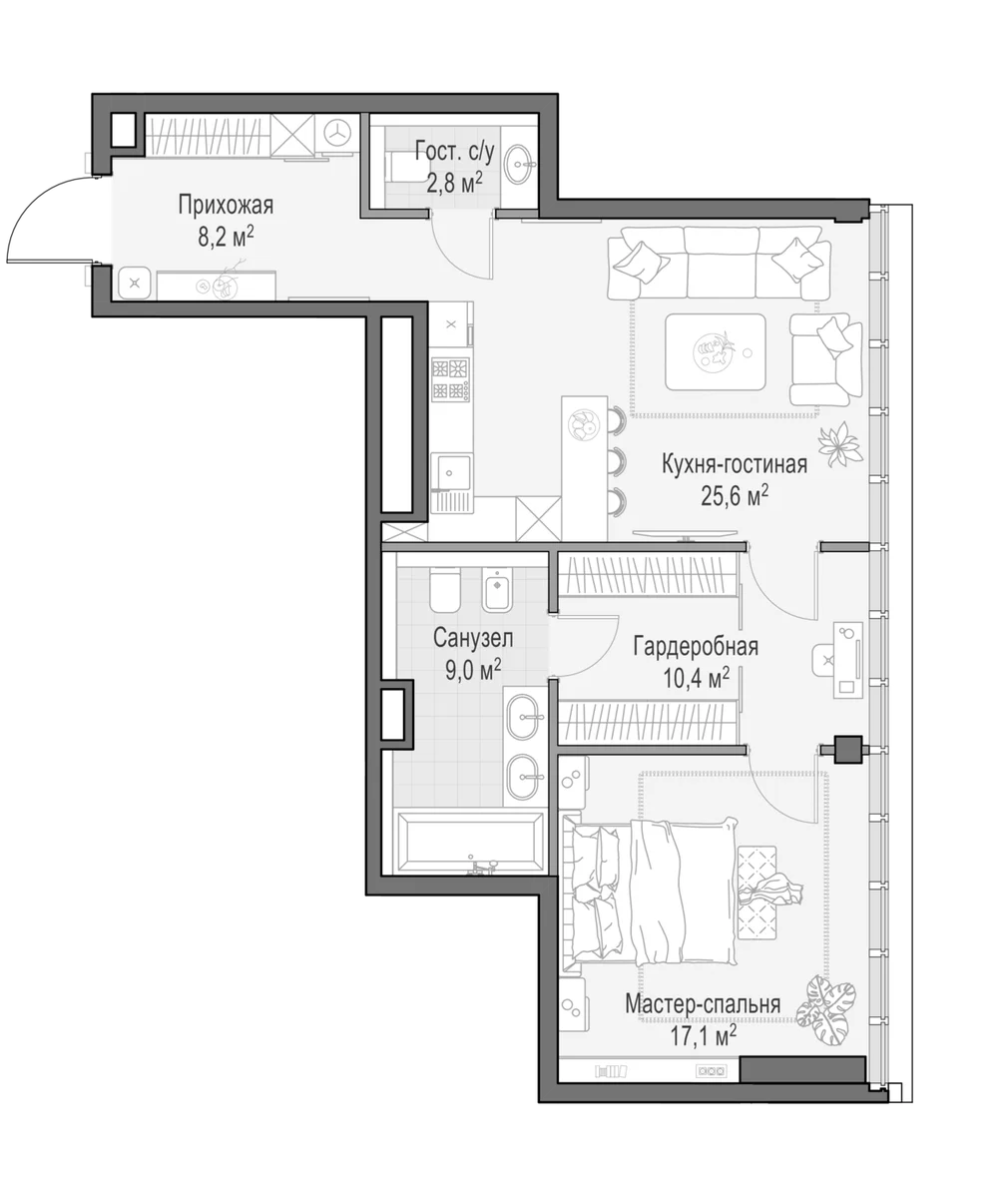 Планировка: Евродвушка 73,3 м² в ЖК «Клубный квартал Фрунзенский»