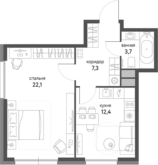 Планировка: 1-комнатная квартира 45,5 м² в ЖК «Сиреневый парк»