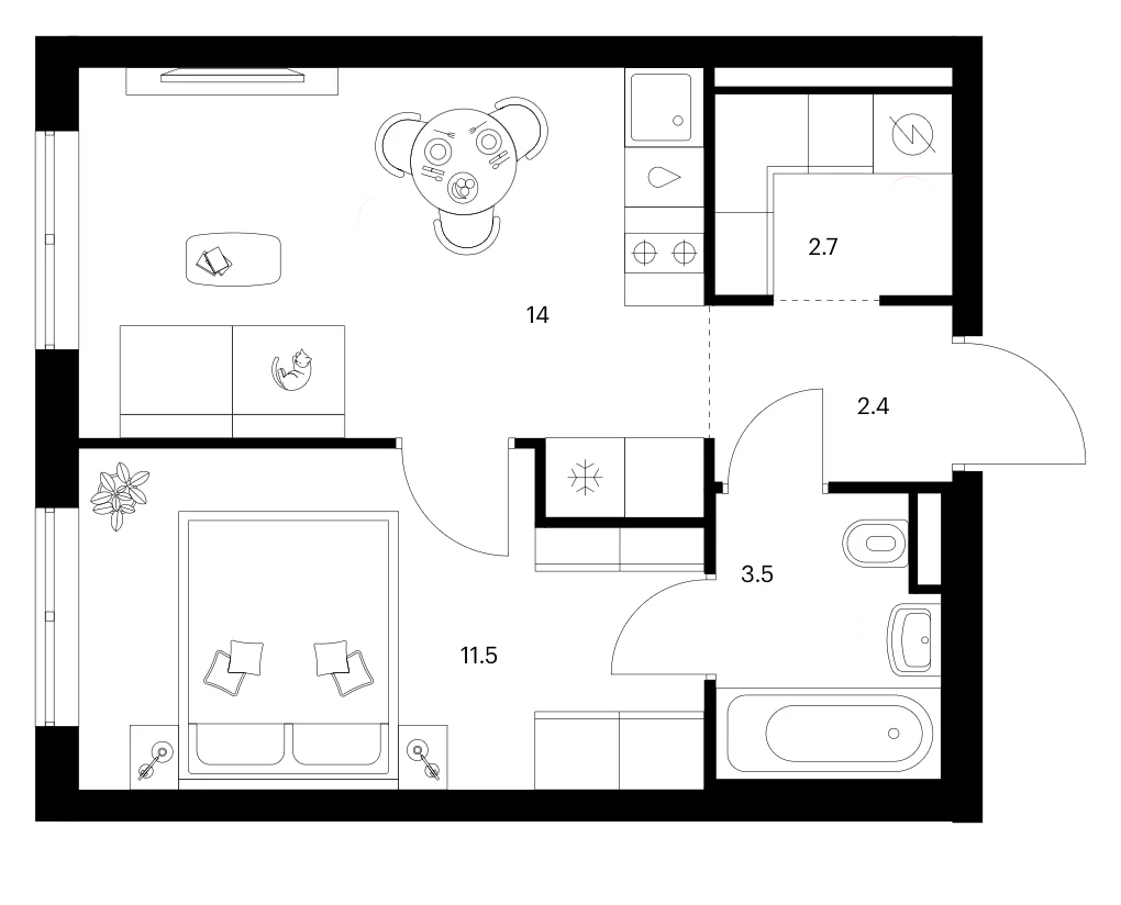 Планировка: 1-комнатная квартира 34,1 м² в ЖК «Зеленый парк»