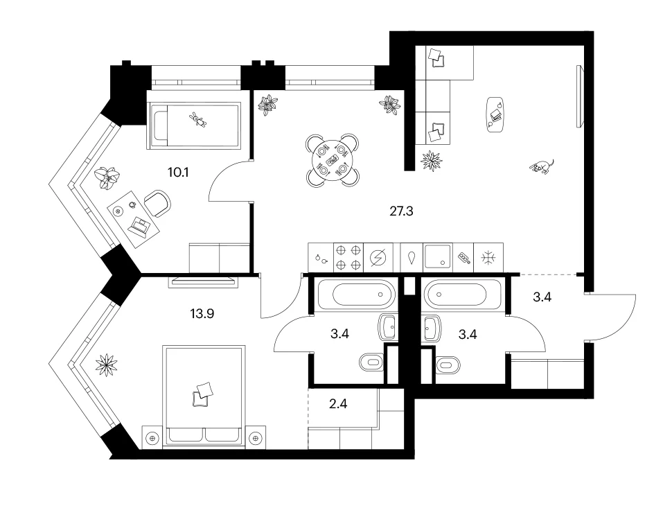 Планировка: 2-комнатная квартира 63,9 м² в ЖК «Лосиноостровский парк»