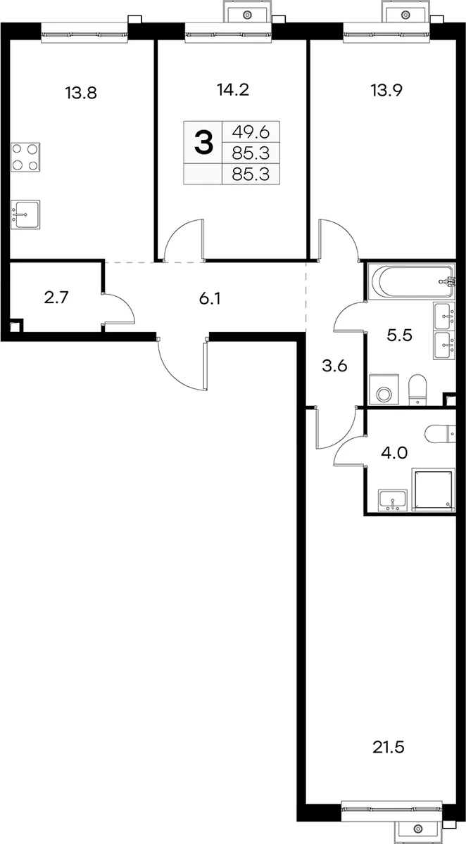 Планировка: 3-комнатная квартира 85,3 м² в ЖК «Куркино 15»