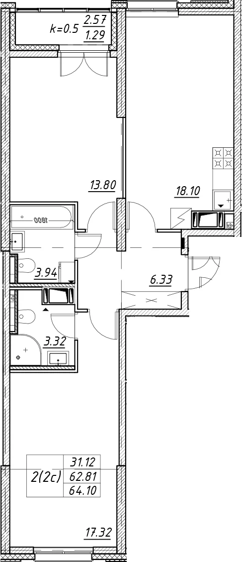 Планировка: Евротрёшка 62,8 м² в ЖК «Цивилизация на Неве»