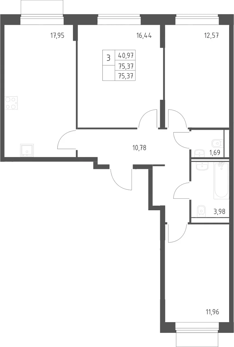 Планировка: 3-комнатная квартира 75,4 м² в ЖК «Квартал Домашний»