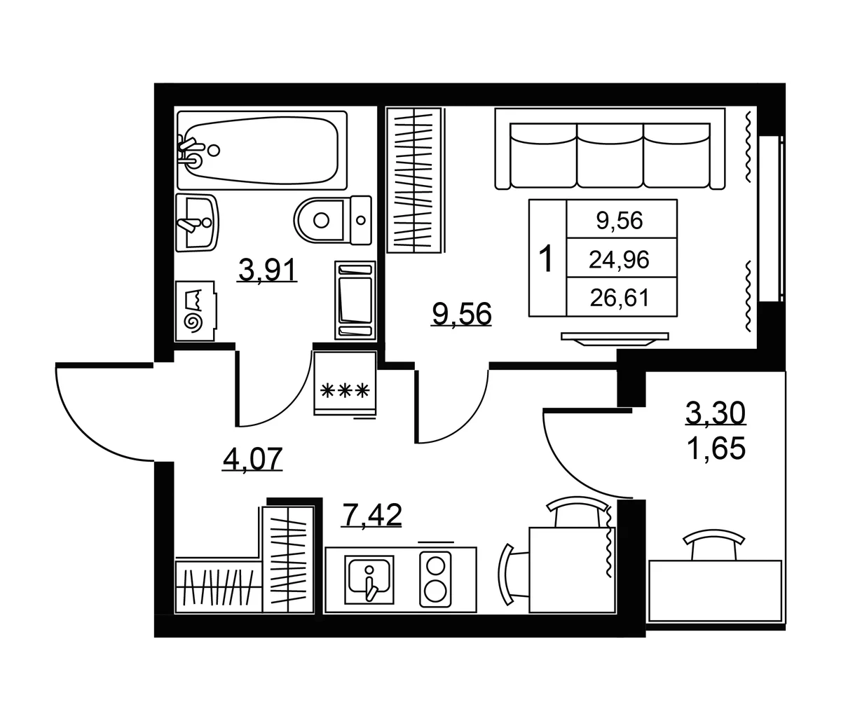 Планировка: 1-комнатная квартира 25 м² в ЖК «Пулковское, 34»