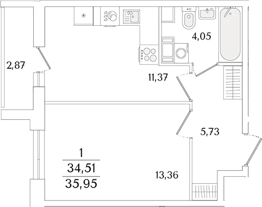 Планировка: 1-комнатная квартира 34,5 м² в ЖК «Кинопарк»