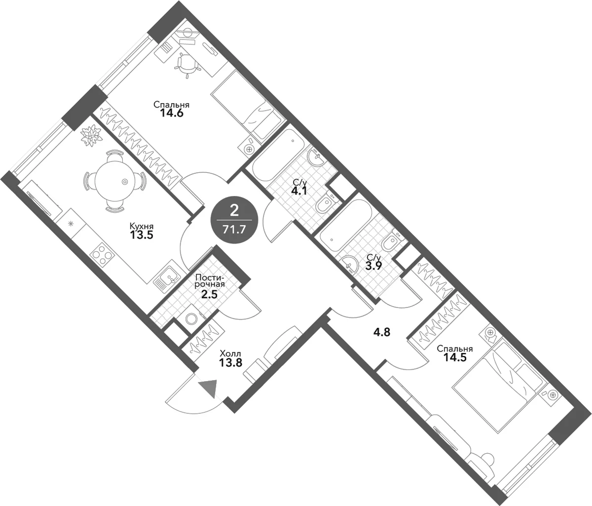 Планировка: 2-комнатная квартира 71,7 м² в ЖК «Воксхолл»