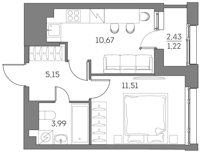 Планировка: 1-комнатная квартира 31,3 м² в ЖК «Аквилон БИСАЙД 2.0»
