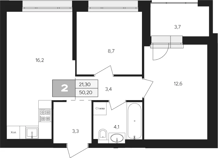 Планировка: 2-комнатная квартира 48,4 м² в ЖК «Ласточкино»