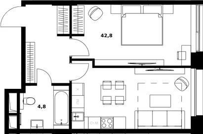 Планировка: Студия 47,6 м² в ЖК «Резиденции архитекторов»